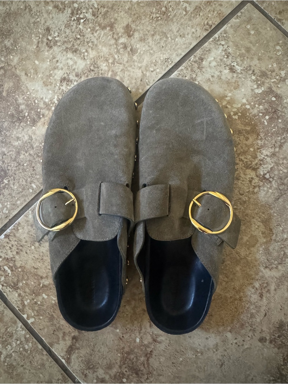 Isabel Marant Gray/green Suede Mule studded Clogs with Gold Buckles